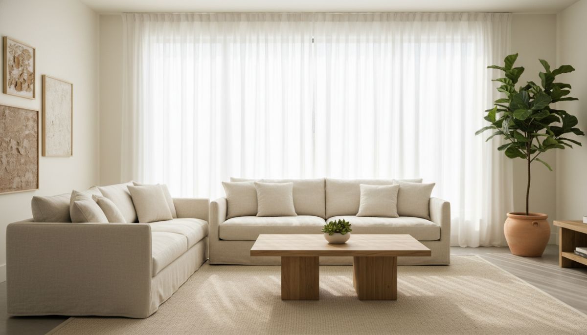 A bright and airy staged living room featuring a neutral-colored linen sofa, a wooden coffee table with a single succulent, large windows with sheer white curtains, and a minimalist aesthetic that makes the room feel spacious and inviting.