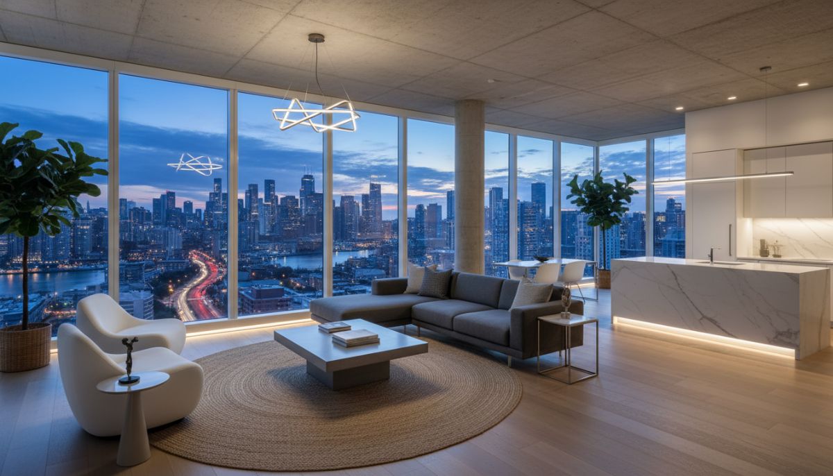 A wide-angle interior shot of a modern, open-concept condominium with floor-to-ceiling windows, minimalist furniture, and a stunning view of a metropolitan city skyline at dusk.