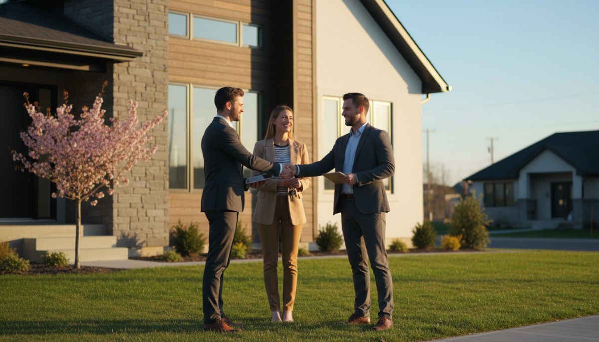 A professional real estate agent shaking hands with a smiling couple in front of a modern suburban home, warm sunlight, professional photography style, high resolution