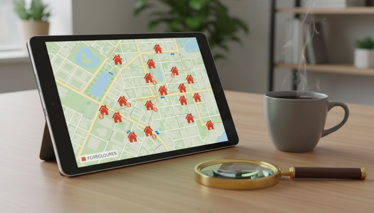 A detailed close-up shot of a modern tablet displaying a map of a suburban neighborhood with various red and orange house icons representing foreclosure listings, placed on a clean wooden desk next to a cup of coffee and a magnifying glass.