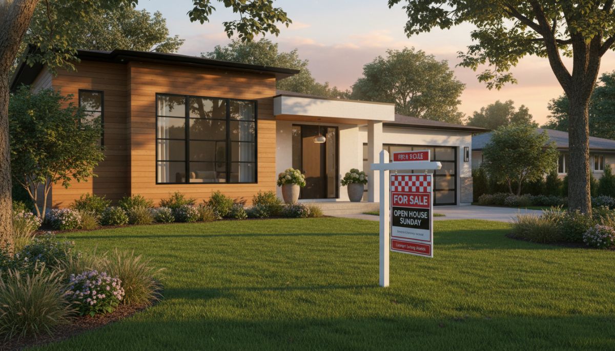 A beautiful modern suburban house with a well-manicured lawn during the golden hour, featuring a 'For Sale' sign in the front yard with soft sunlight filtering through the trees.