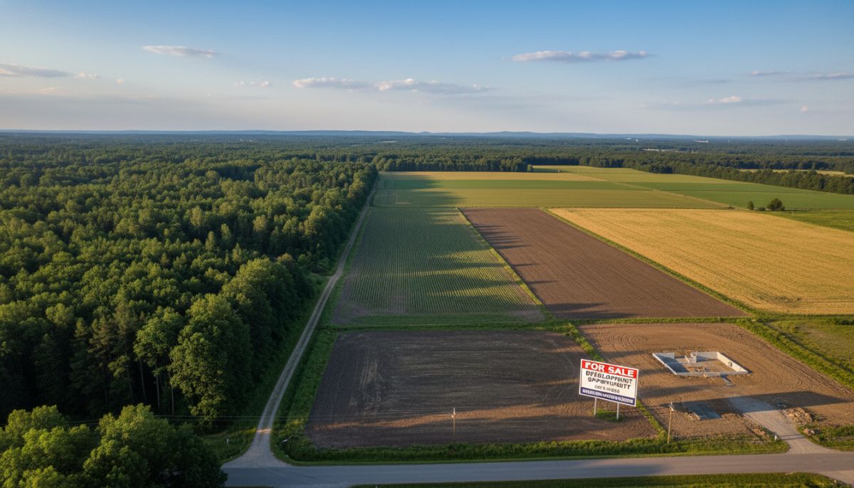 A high-definition, wide-angle aerial view of a diverse landscape showing different types of land parcels: a lush green forest, a flat agricultural field, and a residential plot with a 'For Sale' sign, under a bright blue sky with soft afternoon sunlight.