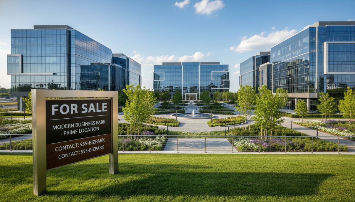 A wide-angle shot of a sleek, modern commercial business park with glass-facade buildings, manicured landscaping, and a professional 'For Sale' signage in the foreground under a clear blue sky.