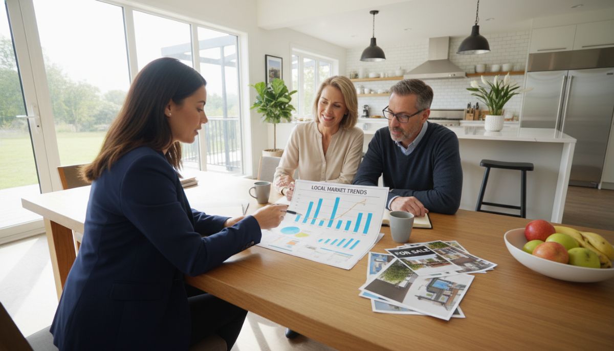 A professional real estate agent sitting at a dining table with homeowners, reviewing a colorful market analysis chart and property brochures in a sunlit modern kitchen.