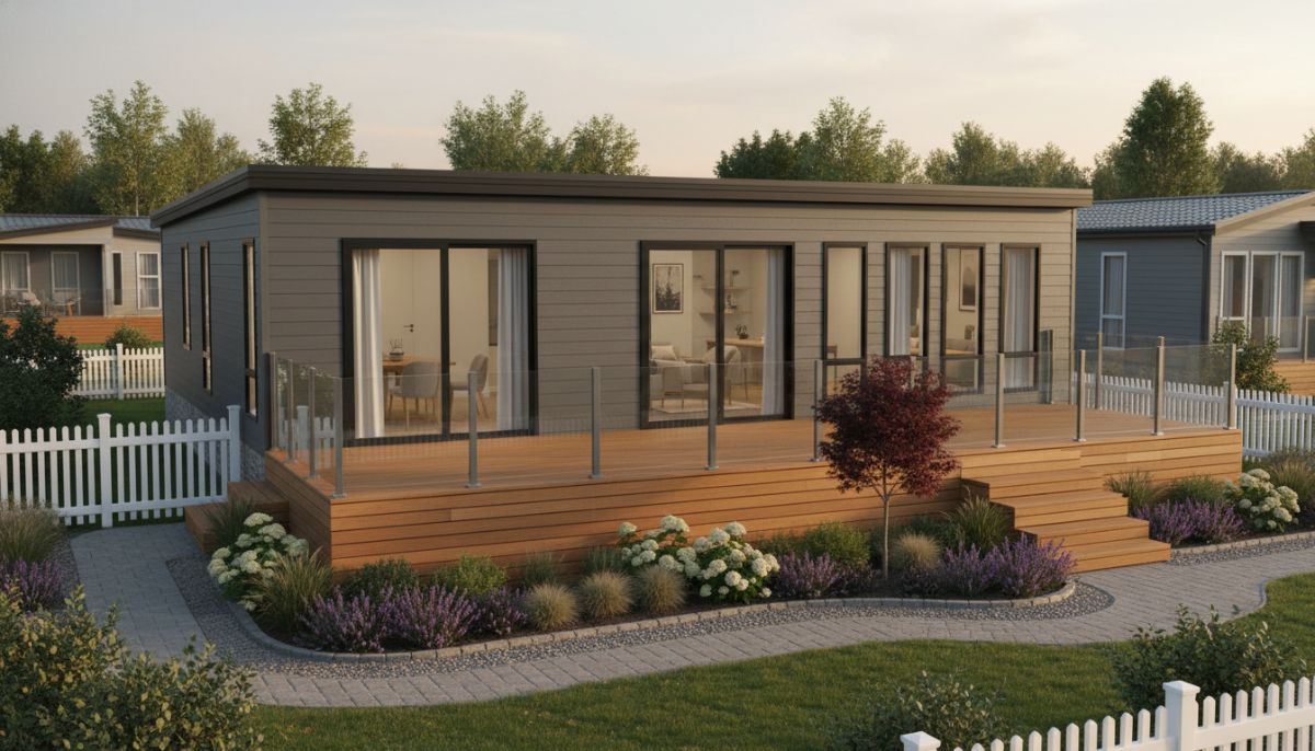 A high-resolution photo of a modern, luxury double-wide mobile home with a large wooden deck, contemporary grey siding, and a beautifully landscaped front garden in a quiet suburban neighborhood.