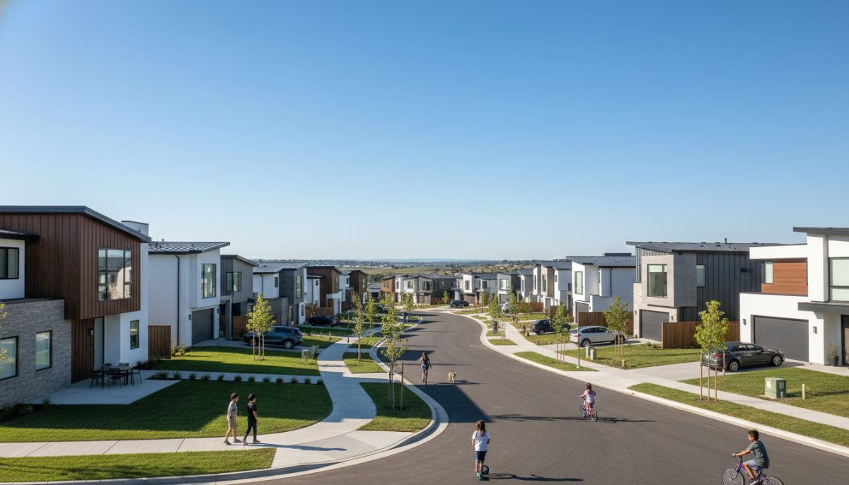 A wide-angle shot of a newly constructed modern suburban neighborhood with clean sidewalks, manicured lawns, and a diverse range of contemporary architectural styles under a bright blue sky.