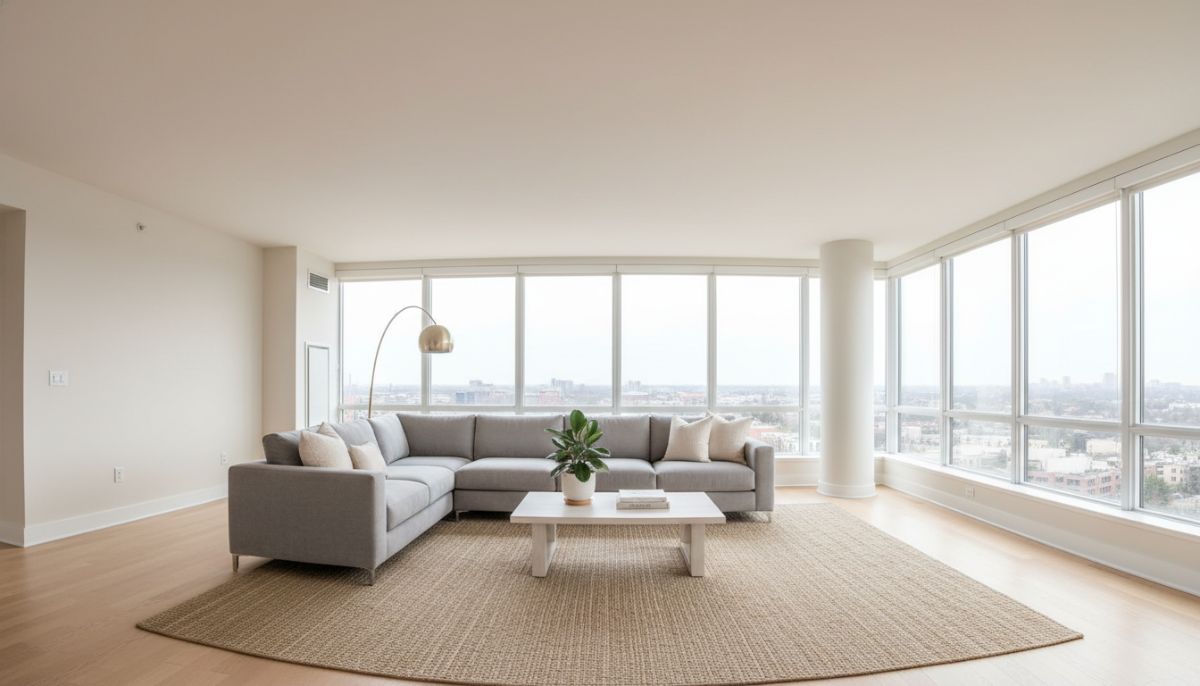 A wide-angle, bright interior shot of a minimalist living room with neutral colors, a soft gray sofa, large windows allowing natural light, and a clean coffee table with a small plant, looking inviting and spacious.