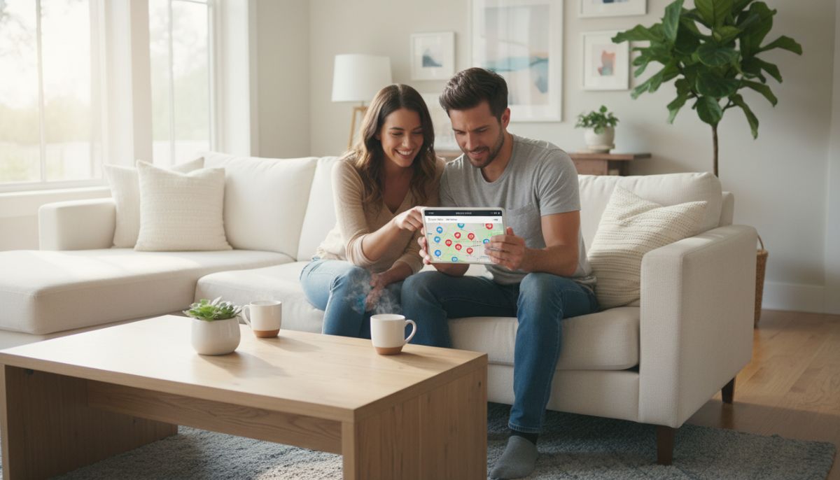 A professional, high-resolution lifestyle photograph of a young couple sitting on a sofa in a bright living room, looking excitedly at a tablet displaying a Zillow map with various house icons and price tags.